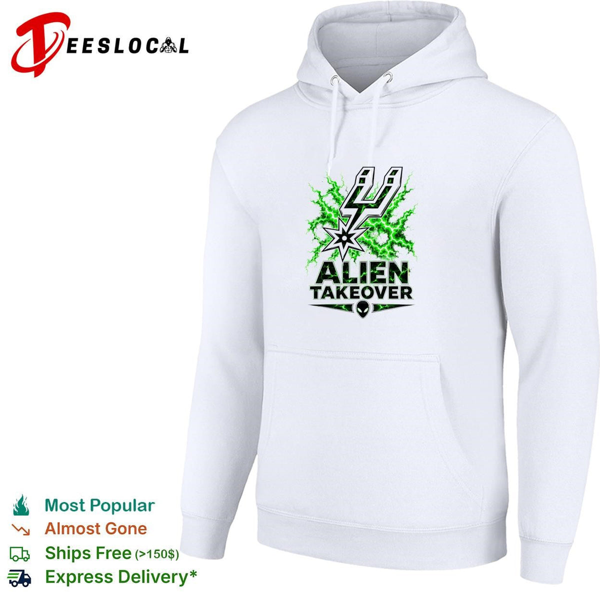 San Antonio Spurs alien takeover logo green lightning white shirt Unisex