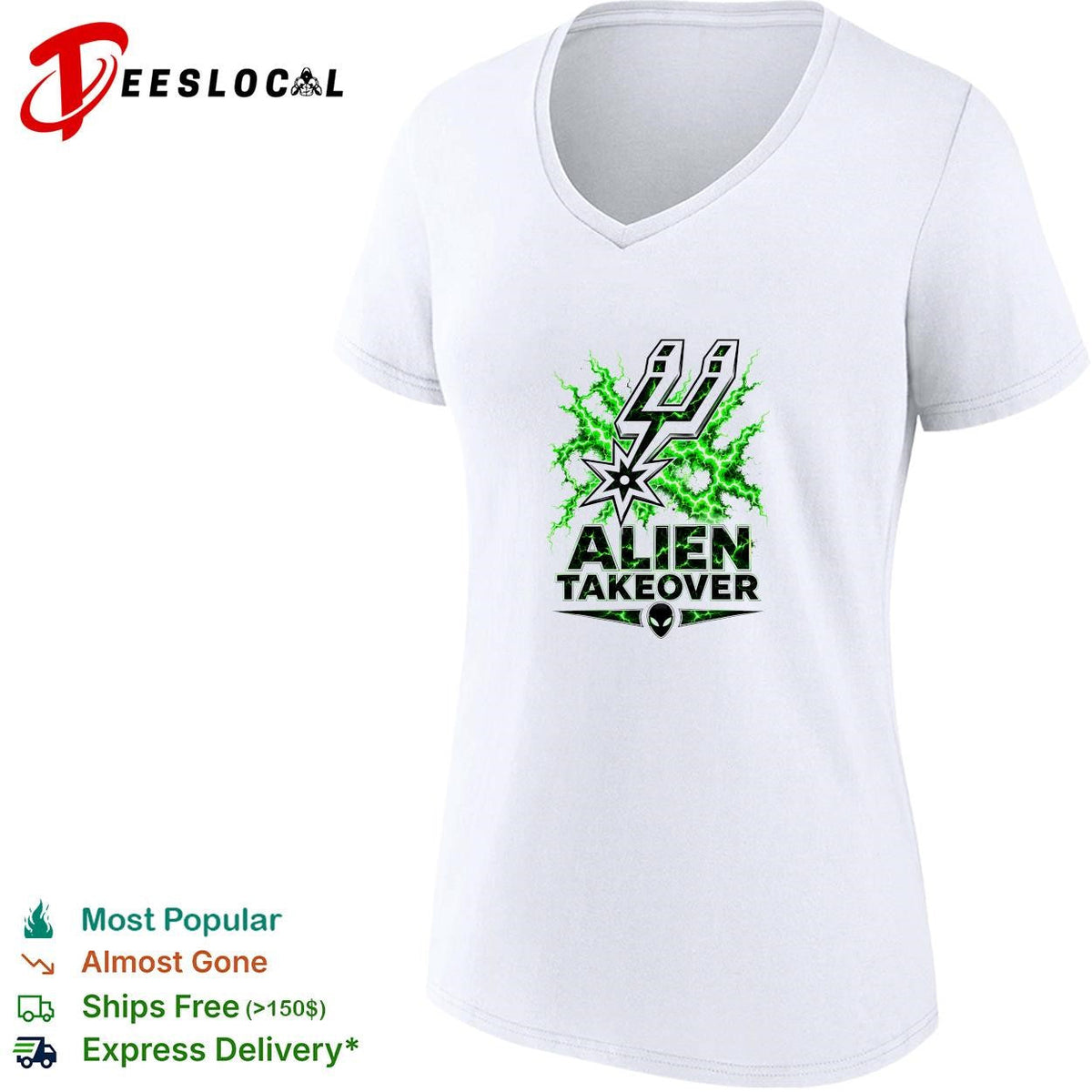San Antonio Spurs alien takeover logo green lightning white shirt Unisex