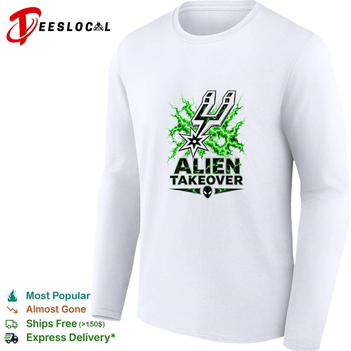 San Antonio Spurs alien takeover logo green lightning white shirt Unisex