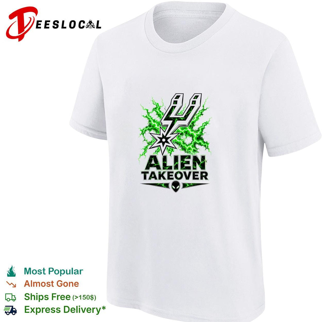 San Antonio Spurs alien takeover logo green lightning white shirt Unisex