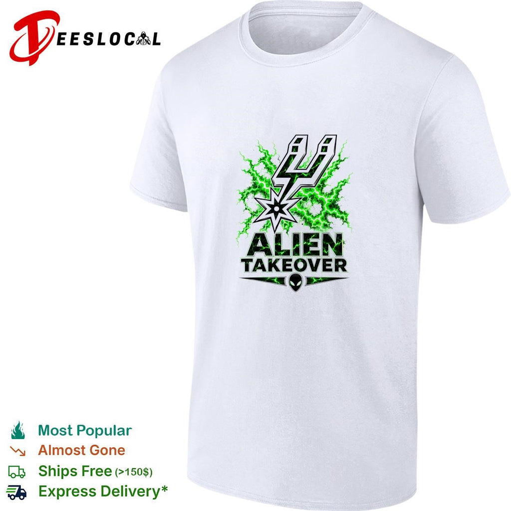 San Antonio Spurs alien takeover logo green lightning white shirt Unisex