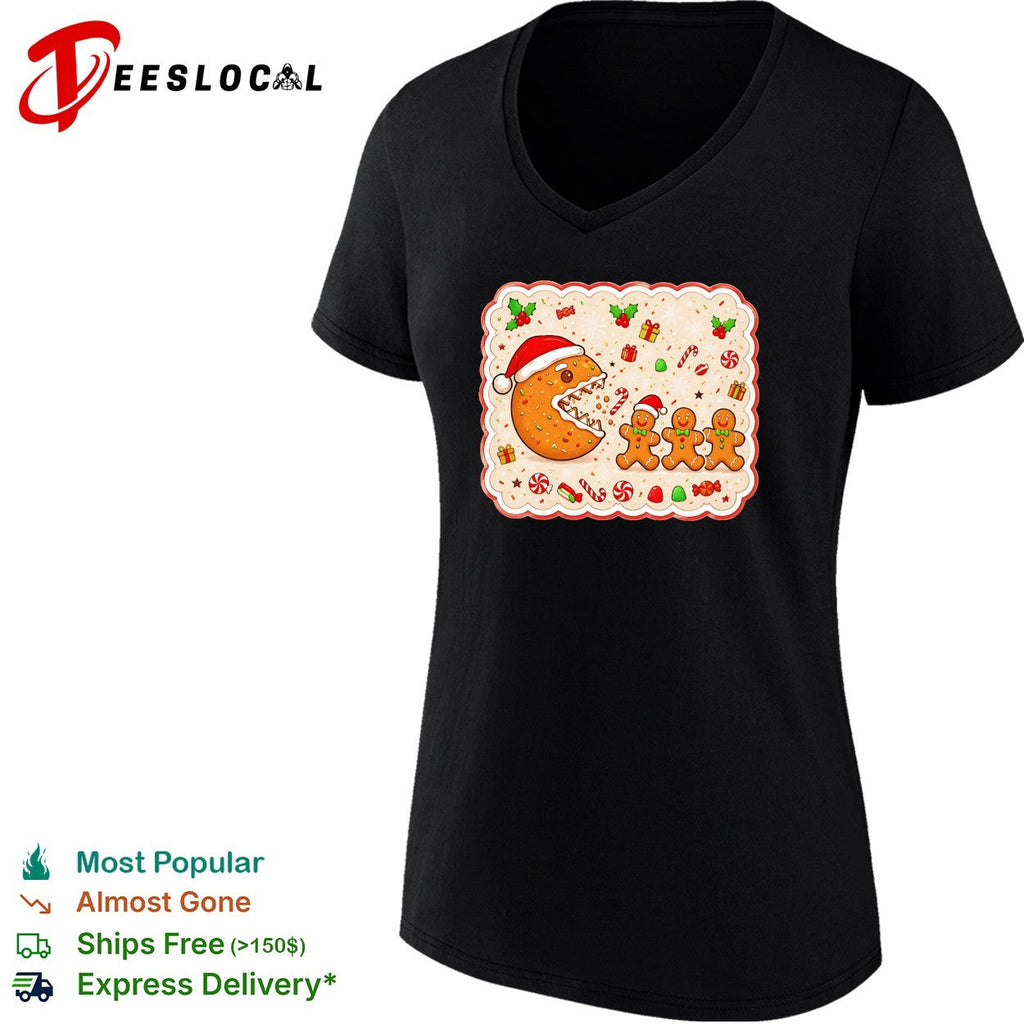 Santa cookie monster eating gingerbread men Christmas holiday festive art shirt Unisex