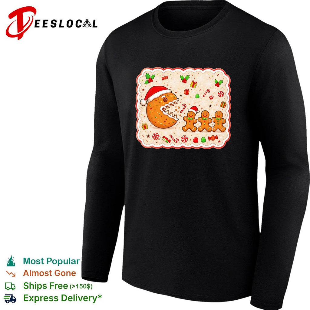 Santa cookie monster eating gingerbread men Christmas holiday festive art shirt Unisex