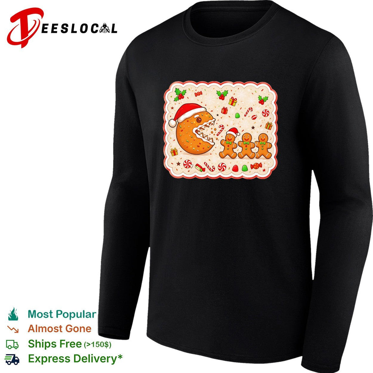 Santa cookie monster eating gingerbread men Christmas holiday festive art shirt Unisex
