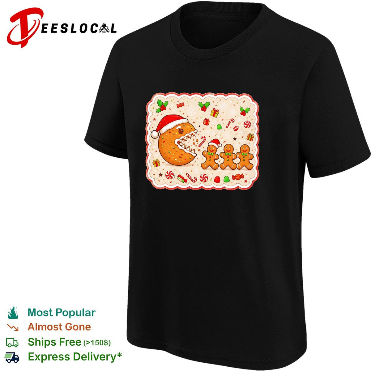 Santa cookie monster eating gingerbread men Christmas holiday festive art shirt Unisex