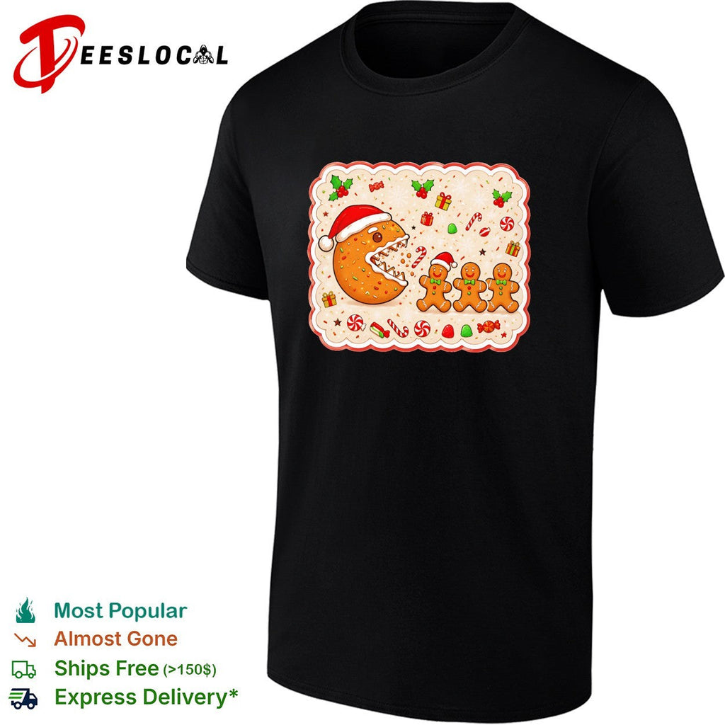 Santa cookie monster eating gingerbread men Christmas holiday festive art shirt Unisex