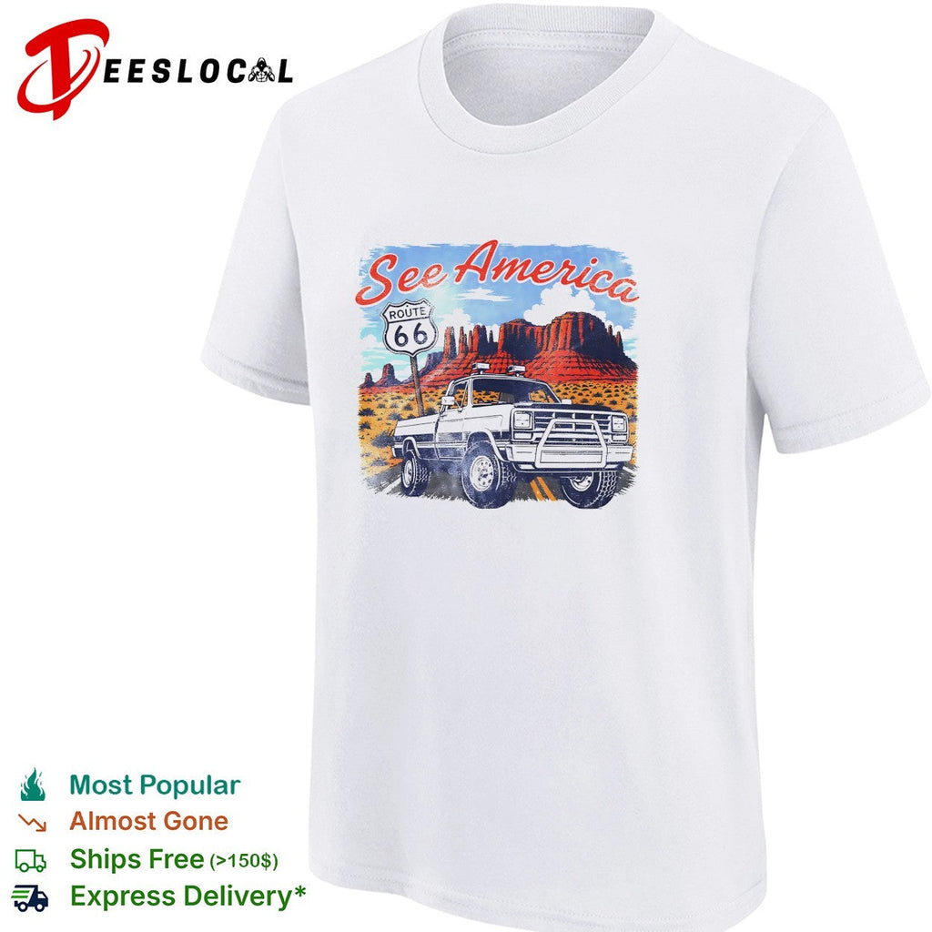 See America Route 66 desert pickup truck and red rocks vintage shirt Unisex