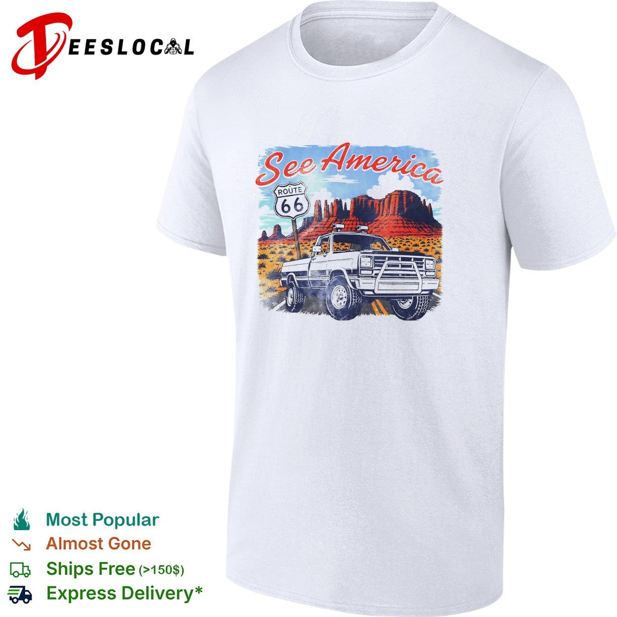 See America Route 66 desert pickup truck and red rocks vintage shirt Unisex