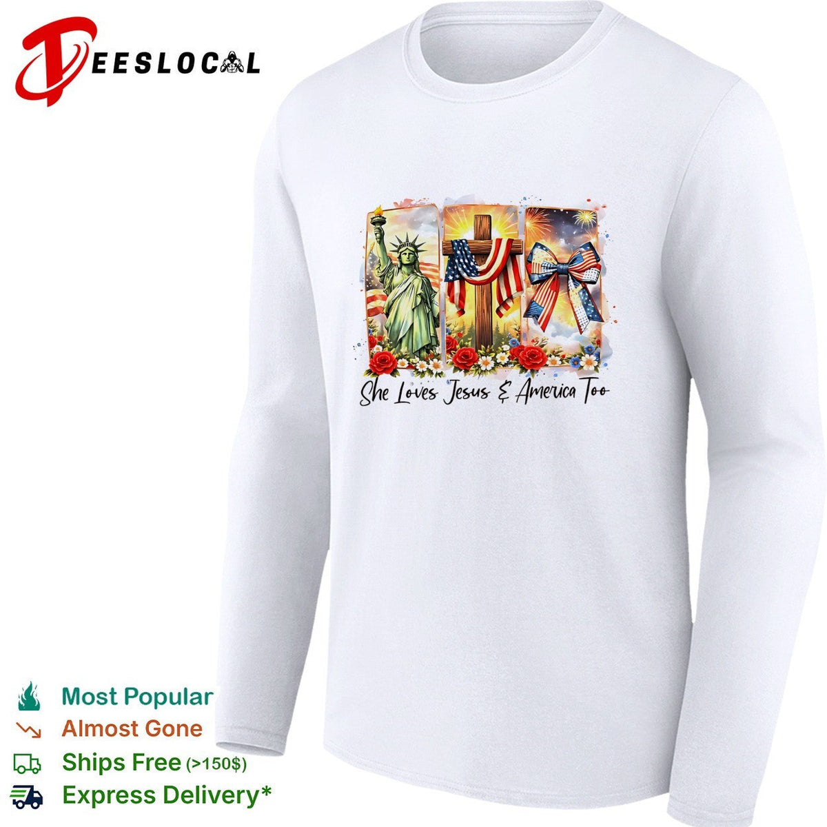 She loves Jesus and America too Statue of Liberty cross fireworks roses shirt Unisex