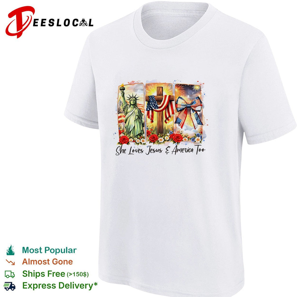 She loves Jesus and America too Statue of Liberty cross fireworks roses shirt Unisex