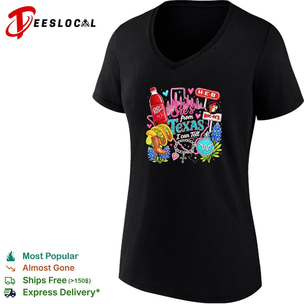 She’s from Texas I can tell Dr Pepper H-E-B Buc-ee’s collage shirt Unisex
