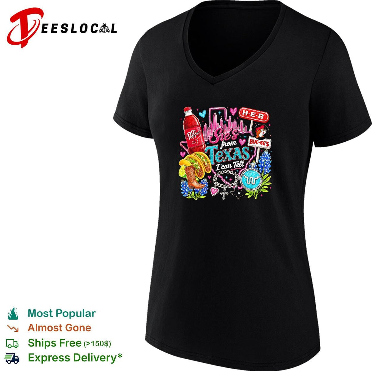 She’s from Texas I can tell Dr Pepper H-E-B Buc-ee’s collage shirt Unisex