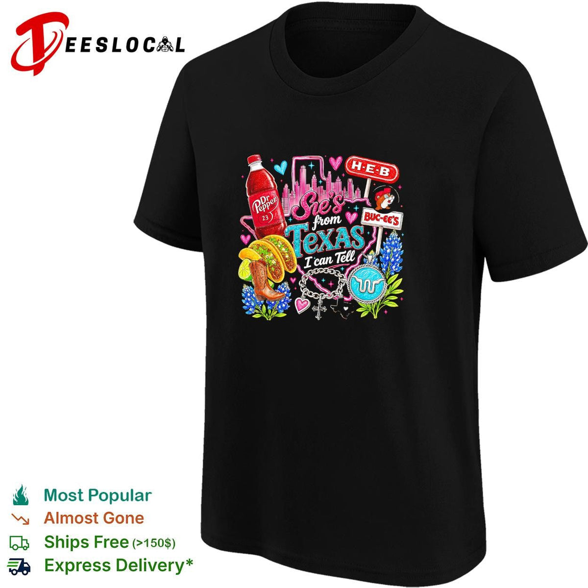 She’s from Texas I can tell Dr Pepper H-E-B Buc-ee’s collage shirt Unisex