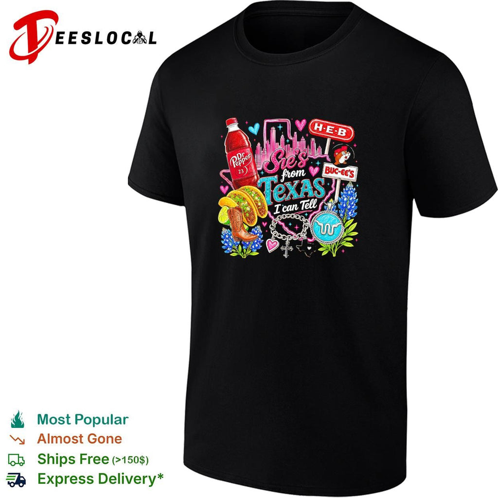 She’s from Texas I can tell Dr Pepper H-E-B Buc-ee’s collage shirt Unisex