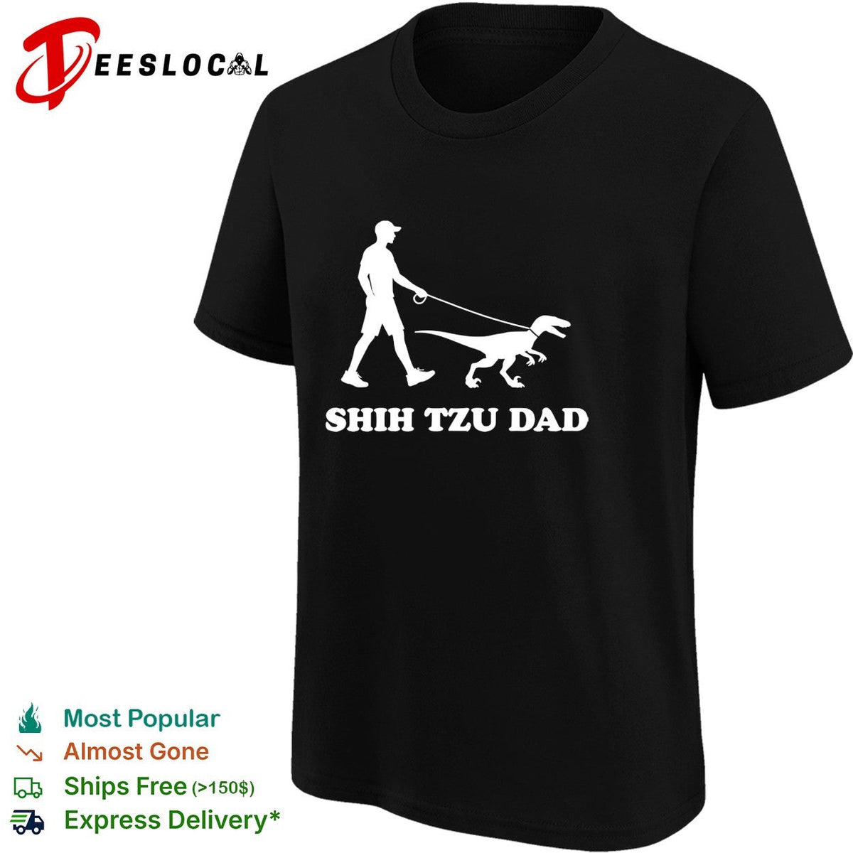 Shih Tzu Dad man walking velociraptor dinosaur on leash humor silhouette shirt Unisex