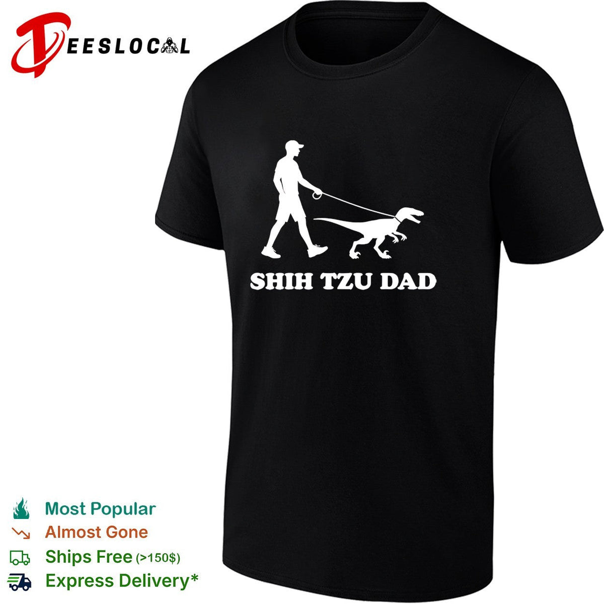 Shih Tzu Dad man walking velociraptor dinosaur on leash humor silhouette shirt Unisex