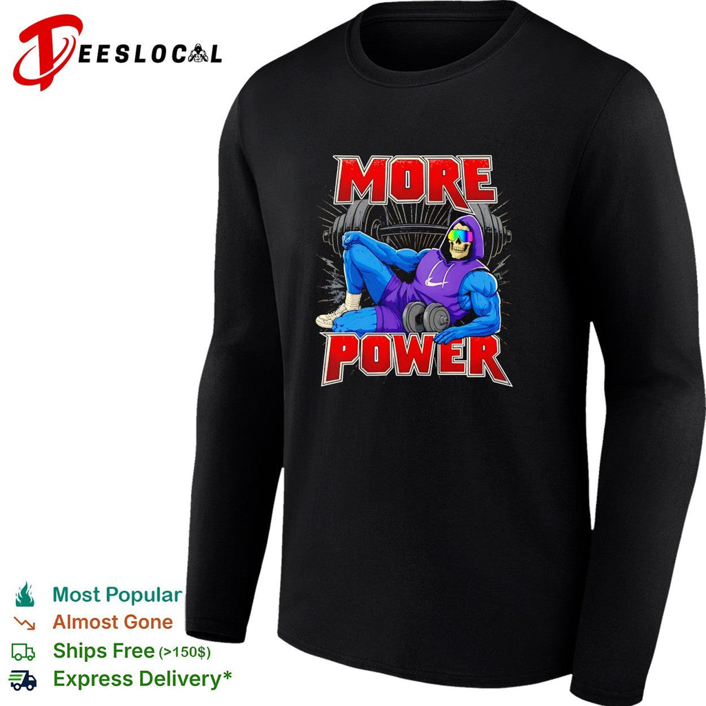Skeleton musclar wearing purple more power gym bro shirt Unisex