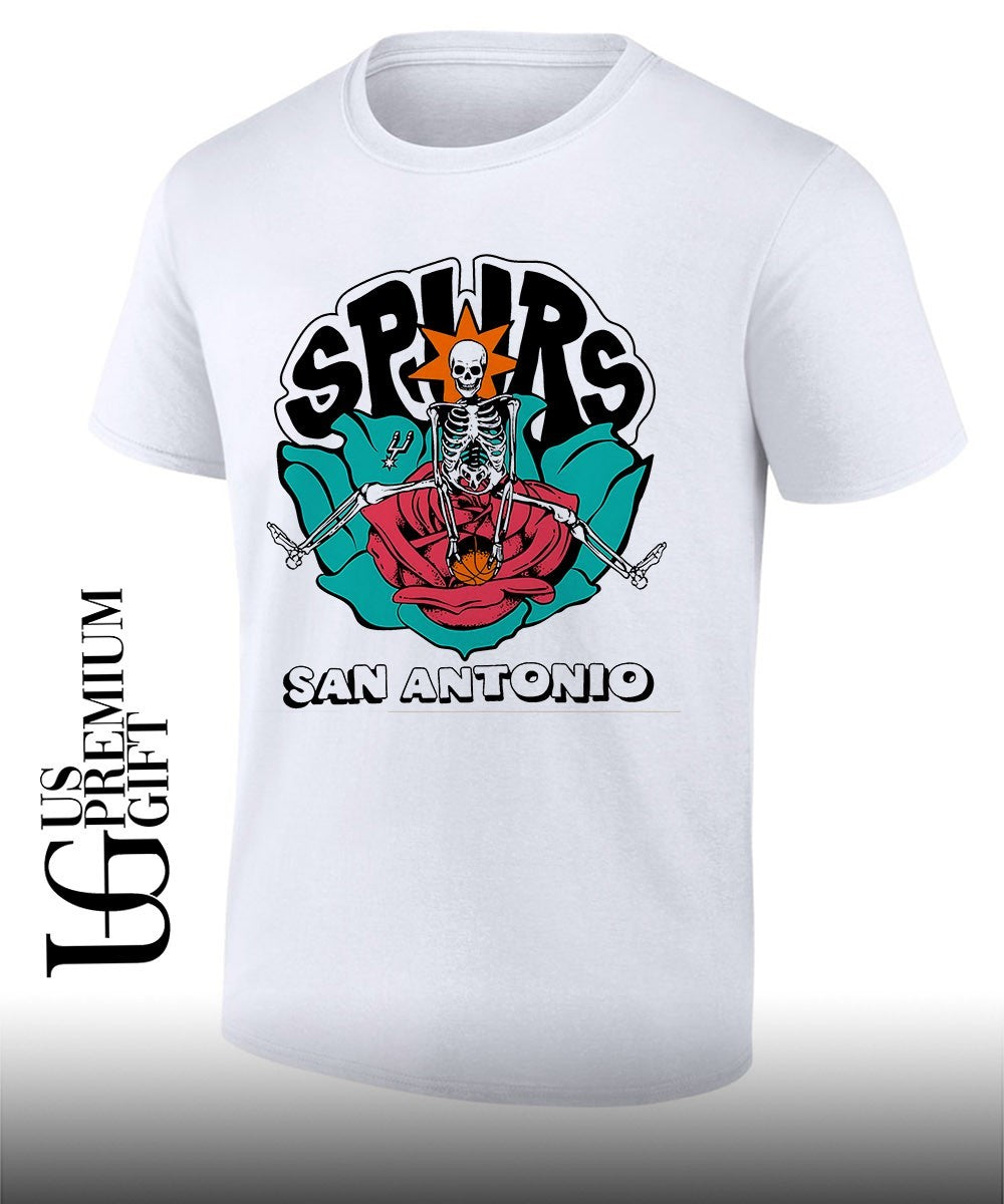 Skeleton sitting in rose San Antonio Spurs Basketball shirt Unisex