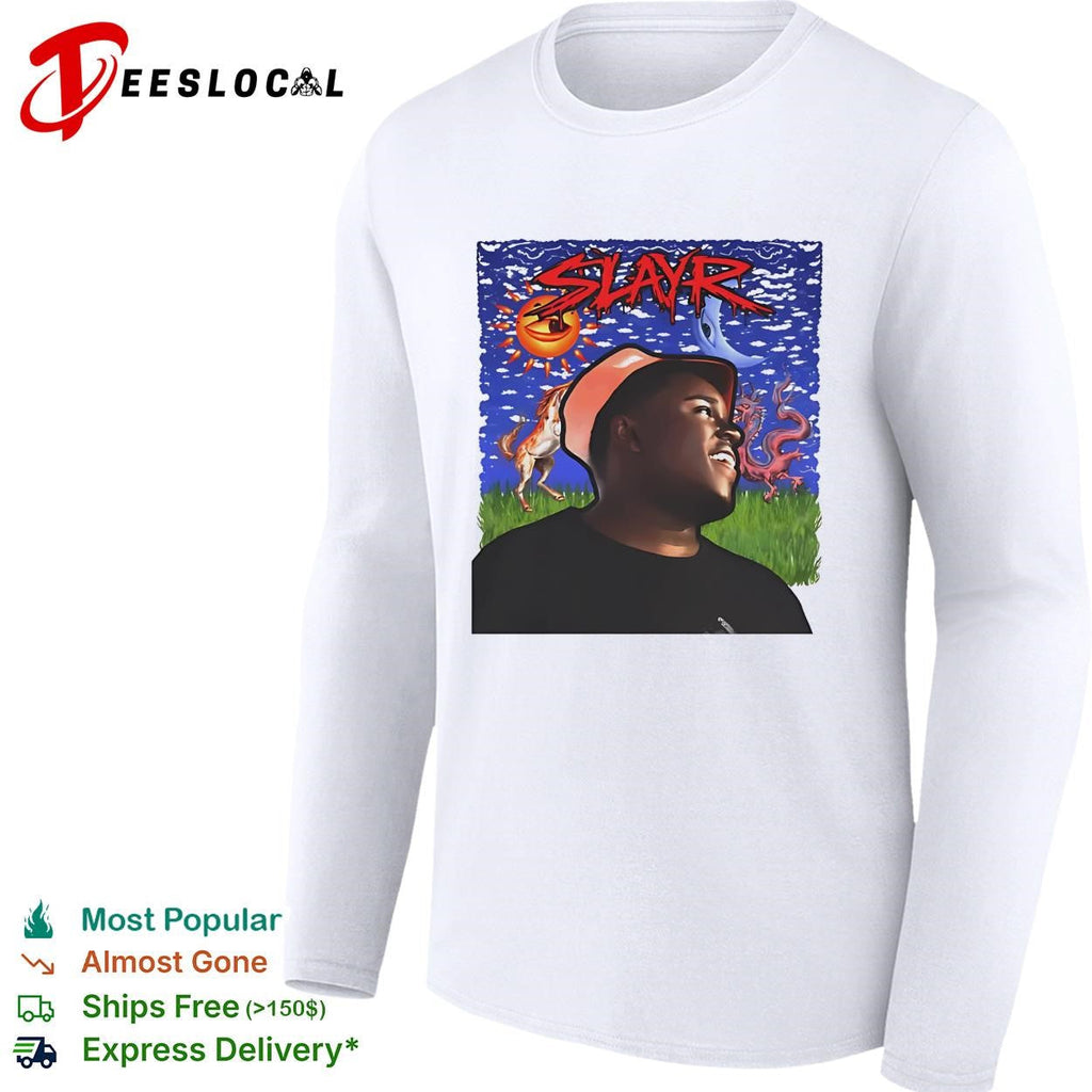 Slayr man portrait illustration under glowing sun and moon eye graphic shirt Unisex
