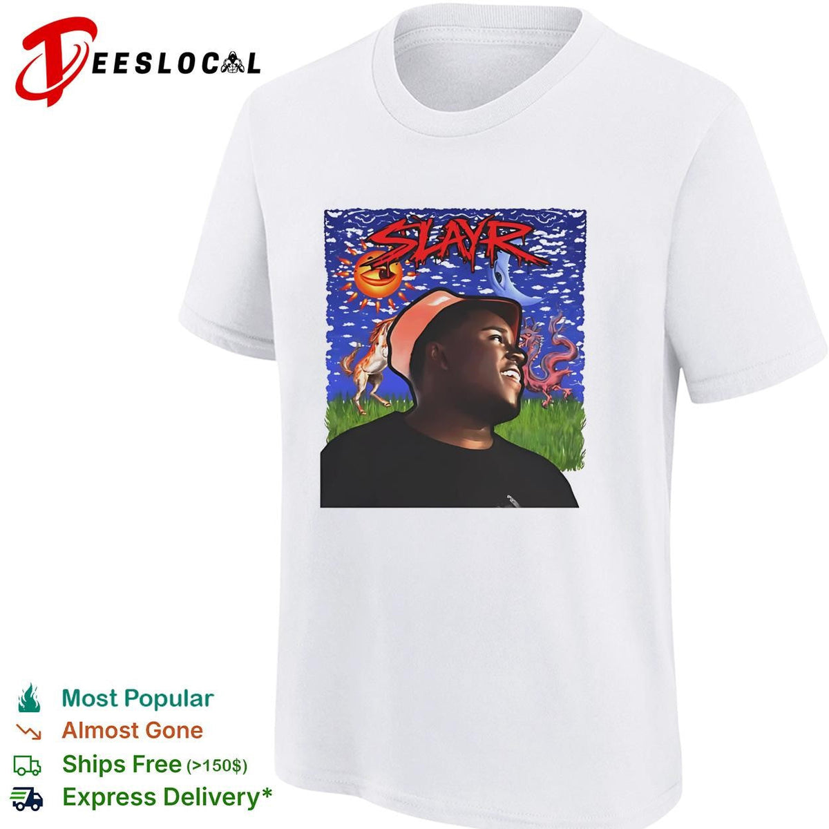 Slayr man portrait illustration under glowing sun and moon eye graphic shirt Unisex