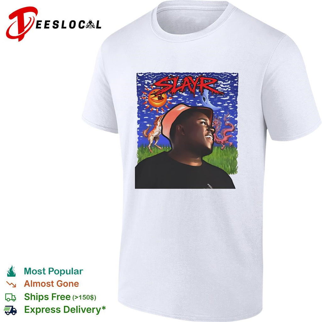 Slayr man portrait illustration under glowing sun and moon eye graphic shirt Unisex