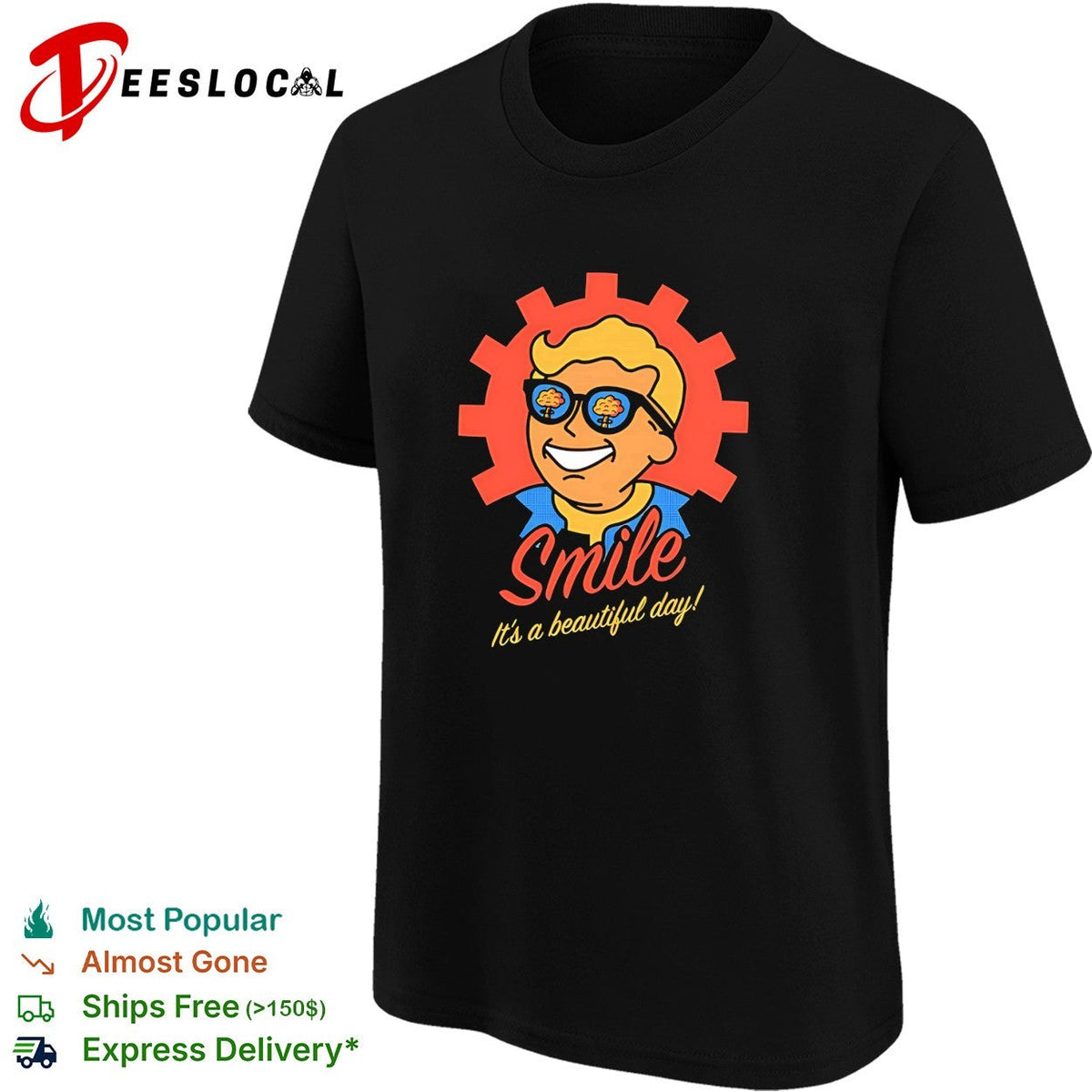 Smile it’s a beautiful day Vault Boy retro gear badge post-apocalyptic art shirt Unisex