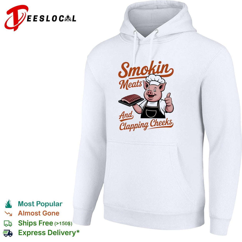 Smokin meats and clapping cheeks pig chef BBQ script lettering graphic shirt Unisex