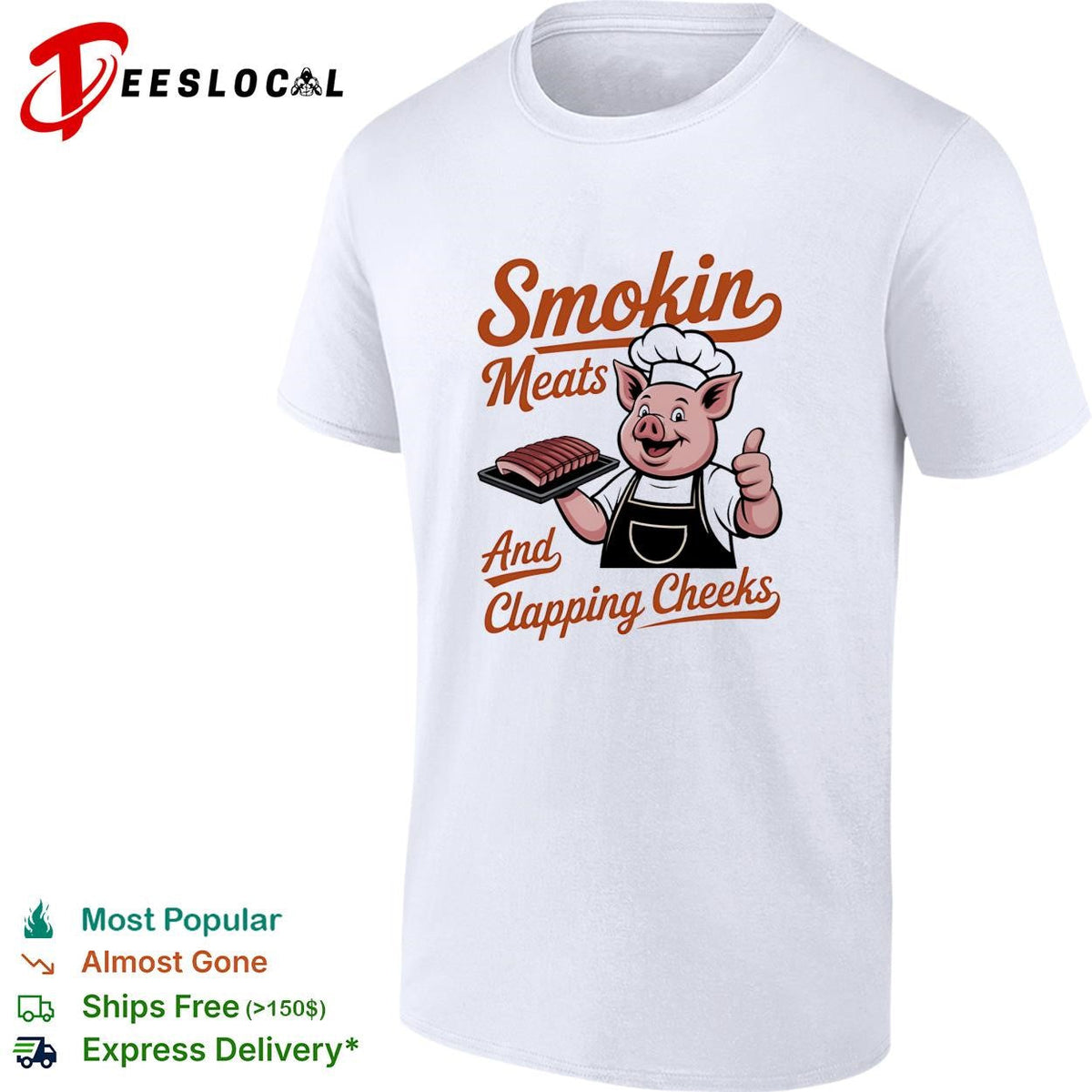 Smokin meats and clapping cheeks pig chef BBQ script lettering graphic shirt Unisex