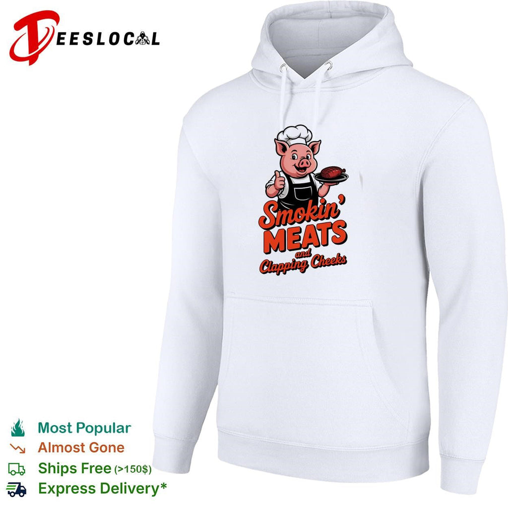 Smokin meats and clapping cheeks pig chef BBQ stacked text logo graphic shirt Unisex
