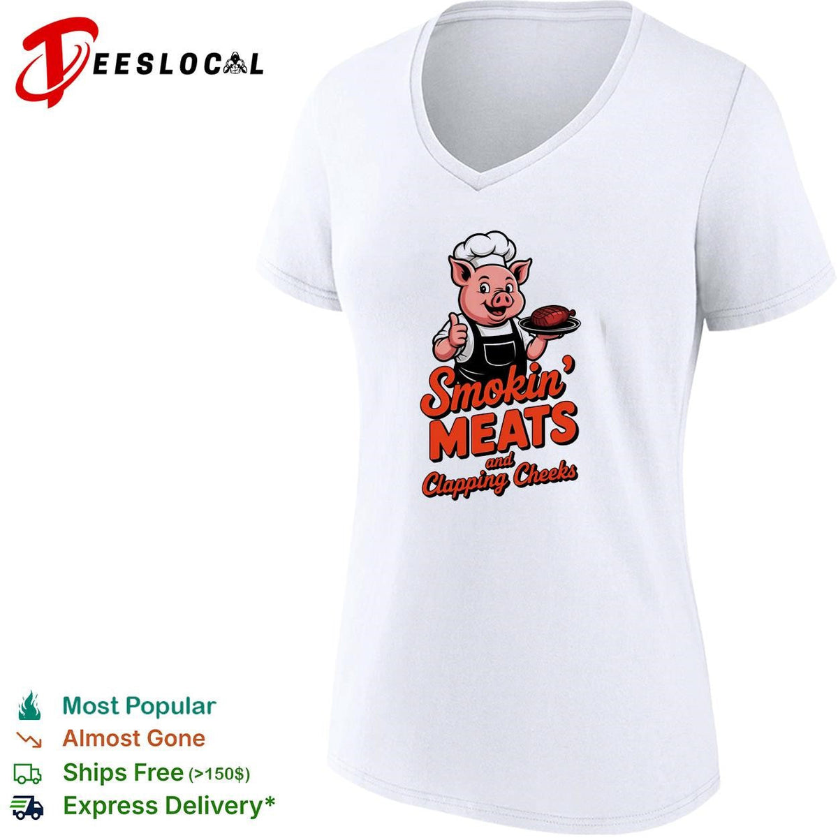 Smokin meats and clapping cheeks pig chef BBQ stacked text logo graphic shirt Unisex