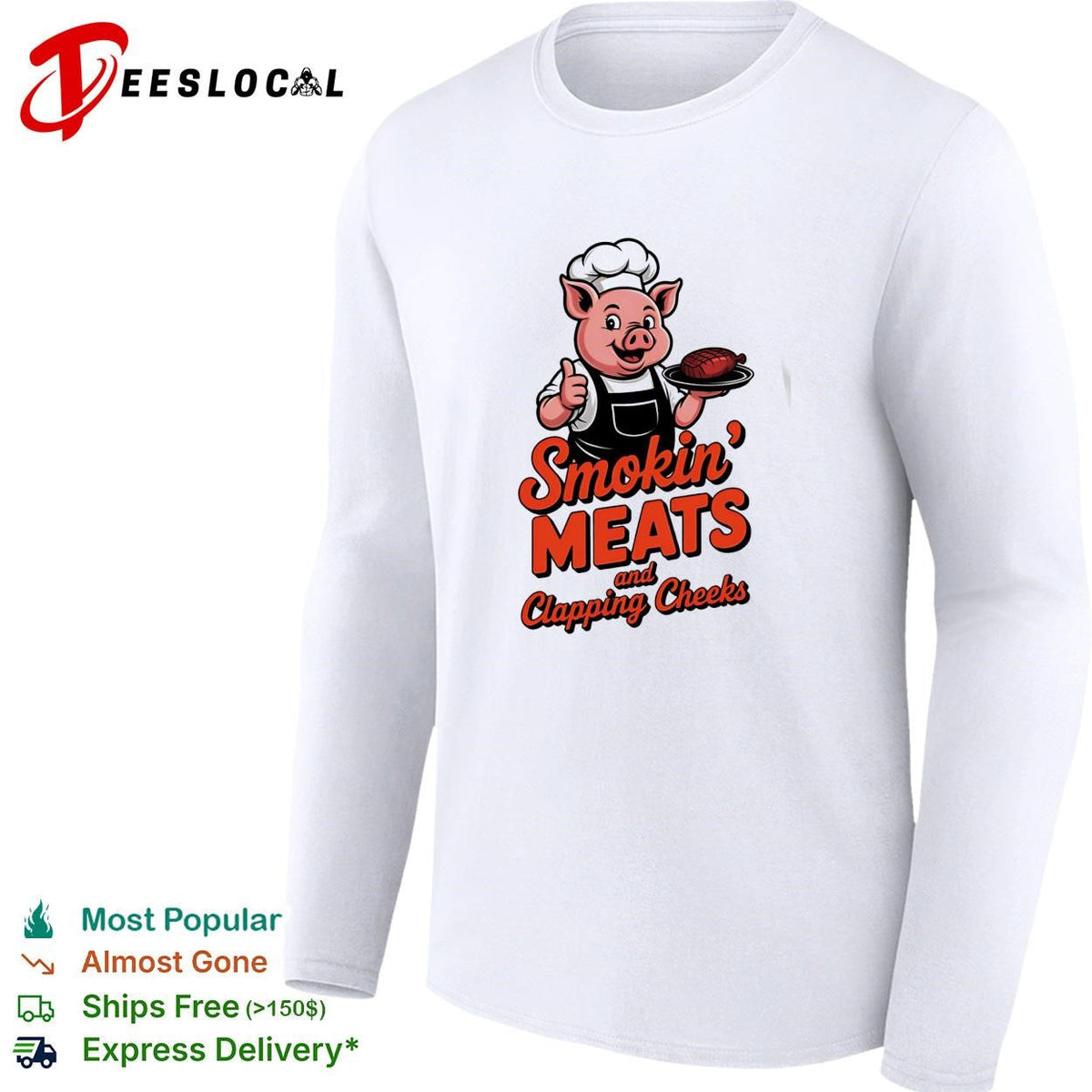 Smokin meats and clapping cheeks pig chef BBQ stacked text logo graphic shirt Unisex