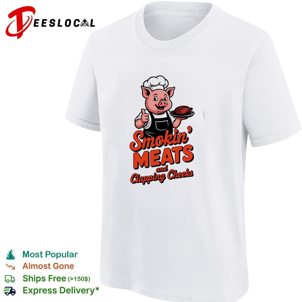 Smokin meats and clapping cheeks pig chef BBQ stacked text logo graphic shirt Unisex