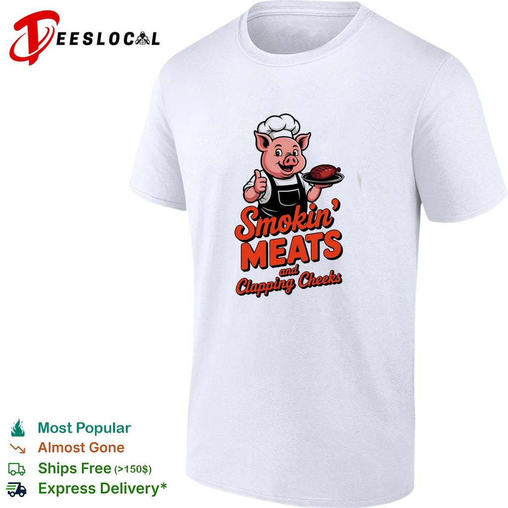 Smokin meats and clapping cheeks pig chef BBQ stacked text logo graphic shirt Unisex