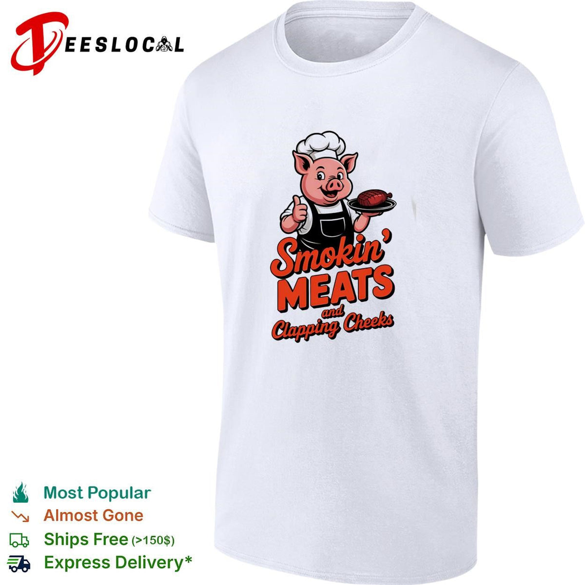 Smokin meats and clapping cheeks pig chef BBQ stacked text logo graphic shirt Unisex