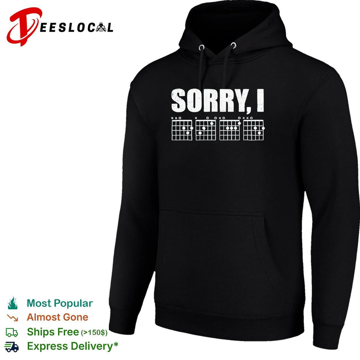Sorry I distressed bold lettering with guitar chord diagrams band graphic shirt Unisex