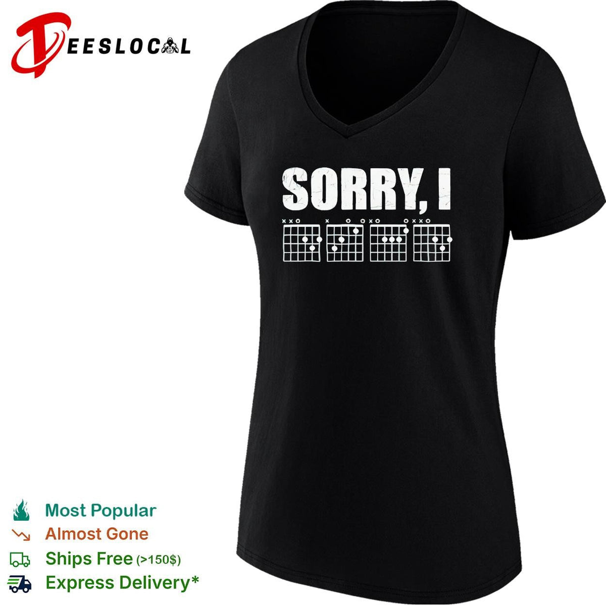 Sorry I distressed bold lettering with guitar chord diagrams band graphic shirt Unisex