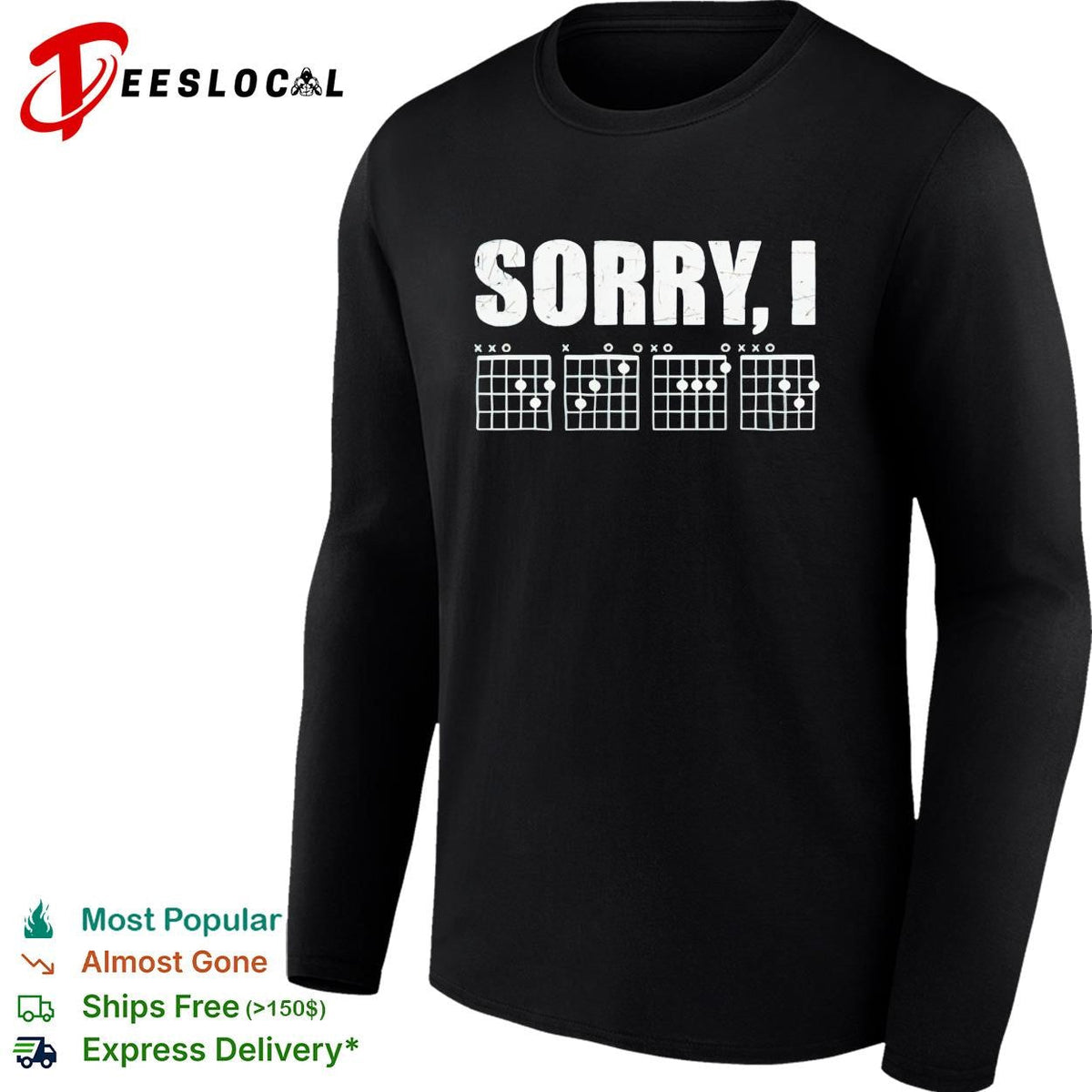 Sorry I distressed bold lettering with guitar chord diagrams band graphic shirt Unisex