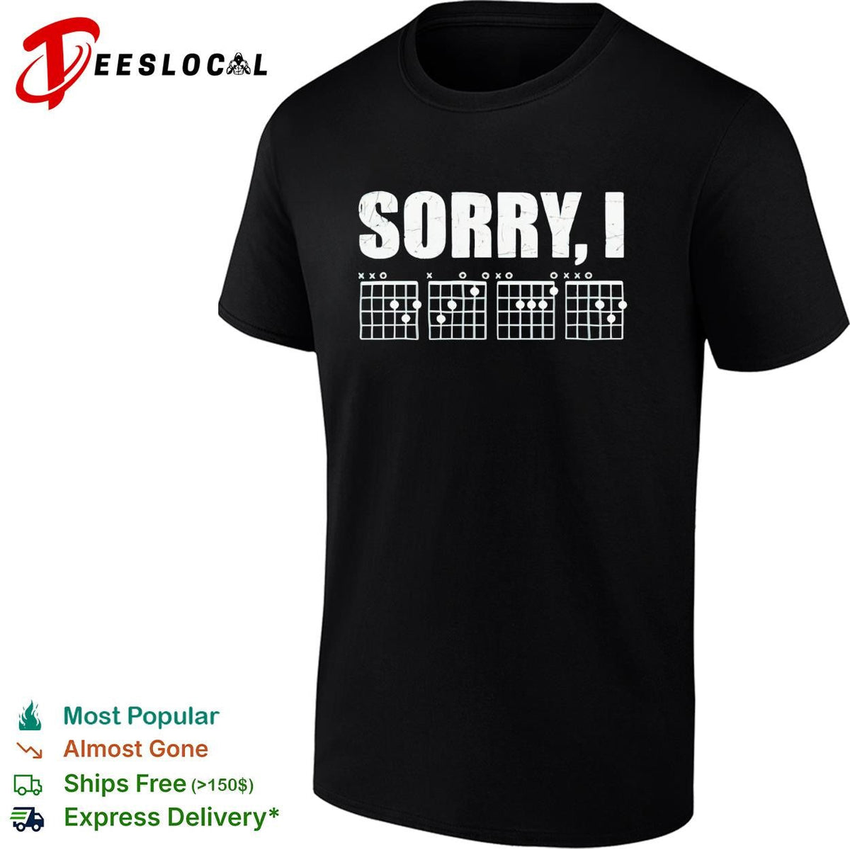 Sorry I distressed bold lettering with guitar chord diagrams band graphic shirt Unisex