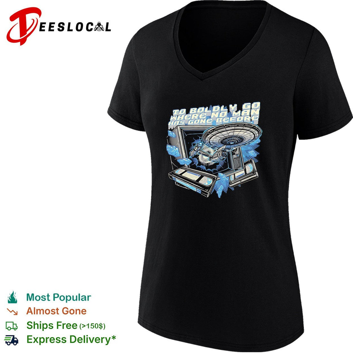 Star Enterprise ship bursting through TV to boldly go shirt Unisex