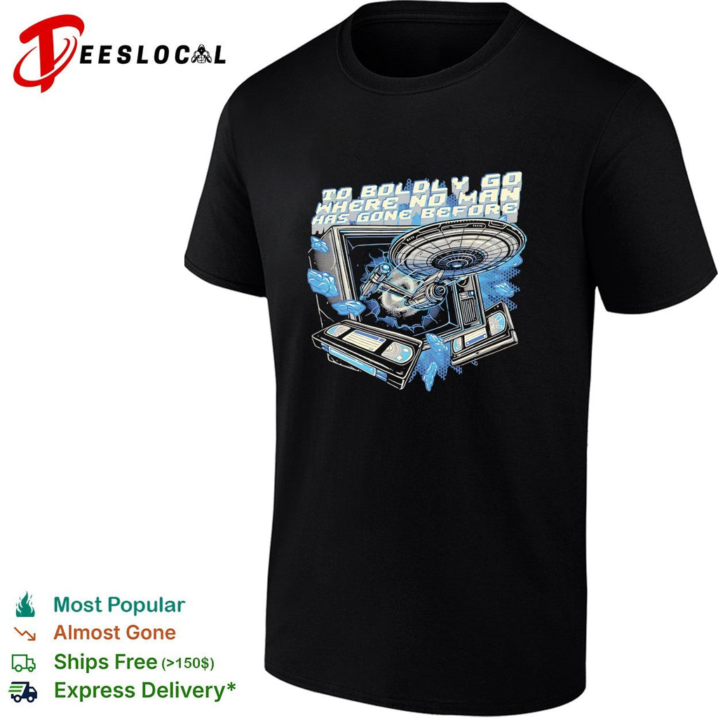Star Enterprise ship bursting through TV to boldly go shirt Unisex