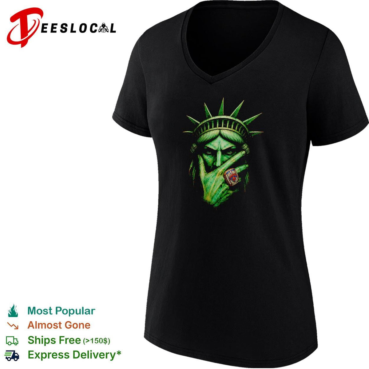 Statue of Liberty wearing championship ring dark gold portrait graphic shirt Unisex