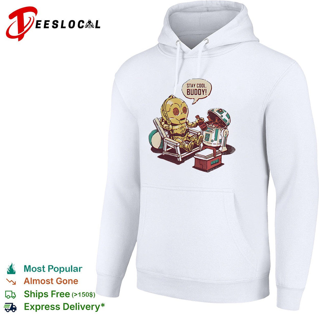 Stay cool buddy two robots relaxing beach chair cartoon sci-fi humor shirt Unisex