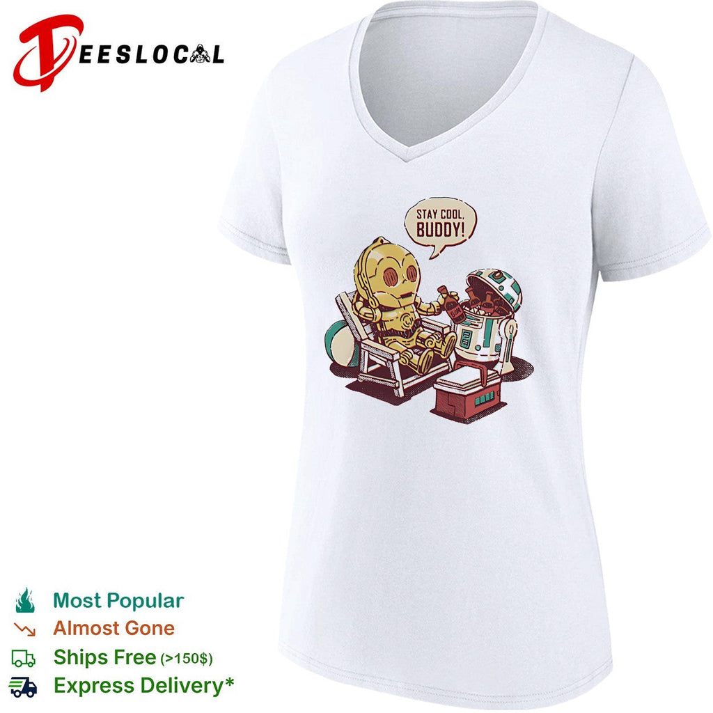Stay cool buddy two robots relaxing beach chair cartoon sci-fi humor shirt Unisex