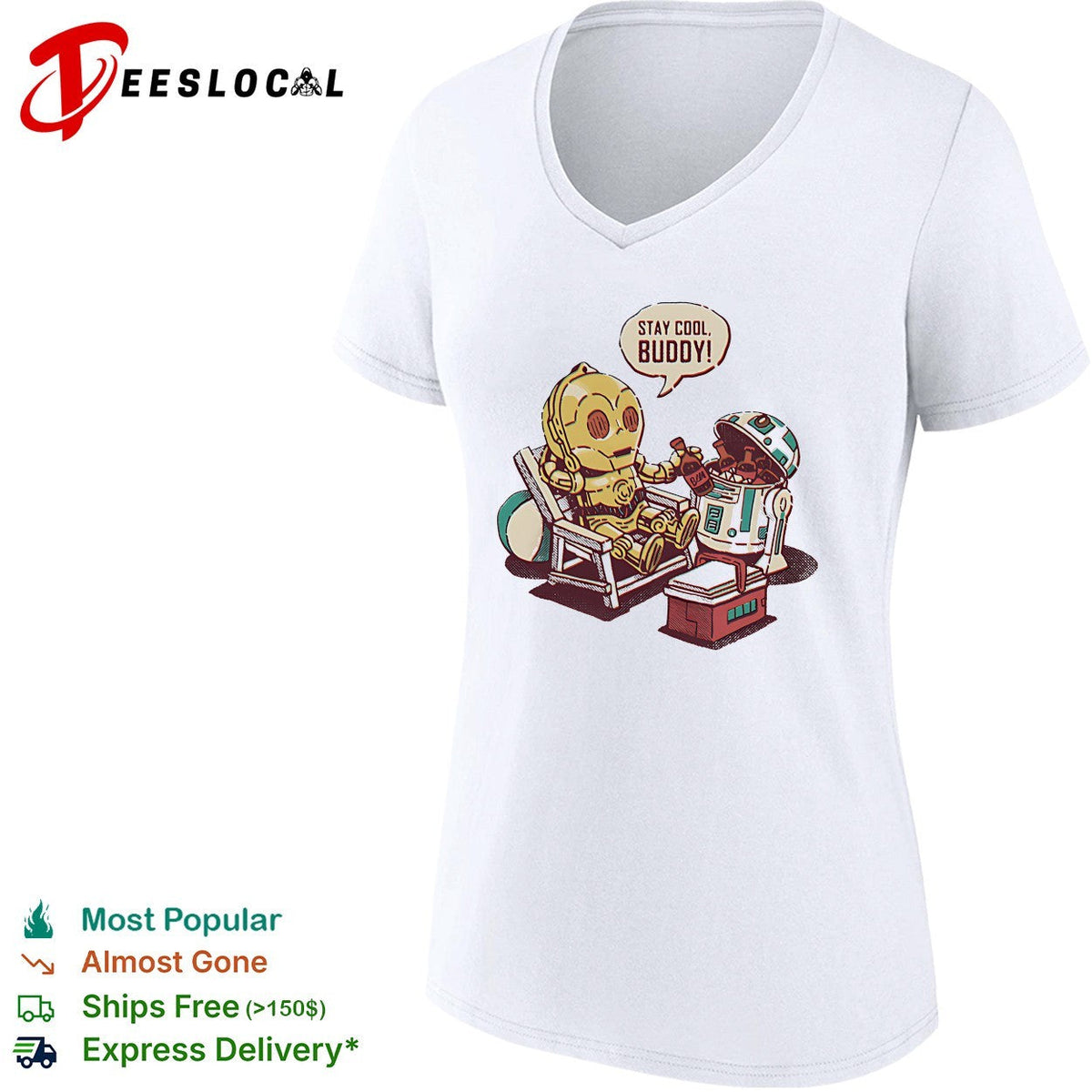 Stay cool buddy two robots relaxing beach chair cartoon sci-fi humor shirt Unisex