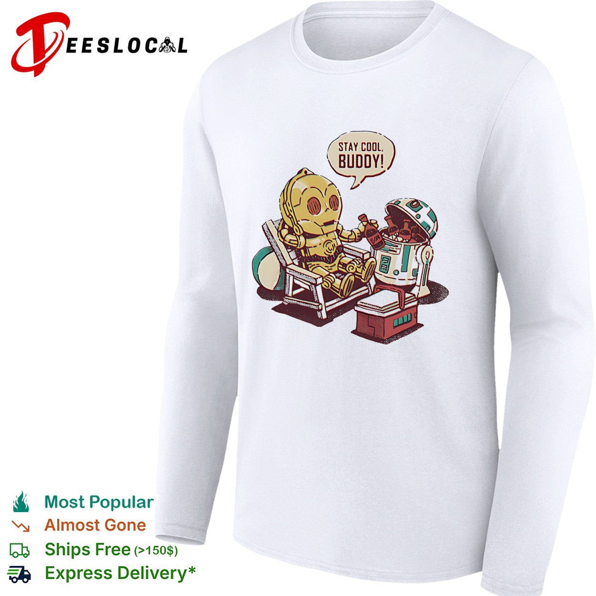Stay cool buddy two robots relaxing beach chair cartoon sci-fi humor shirt Unisex