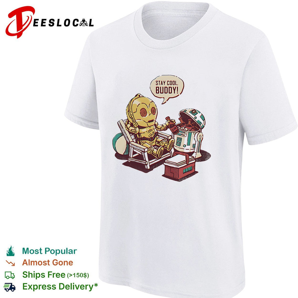 Stay cool buddy two robots relaxing beach chair cartoon sci-fi humor shirt Unisex