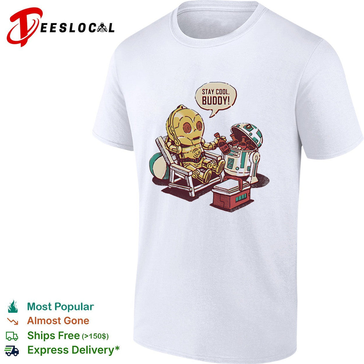 Stay cool buddy two robots relaxing beach chair cartoon sci-fi humor shirt Unisex