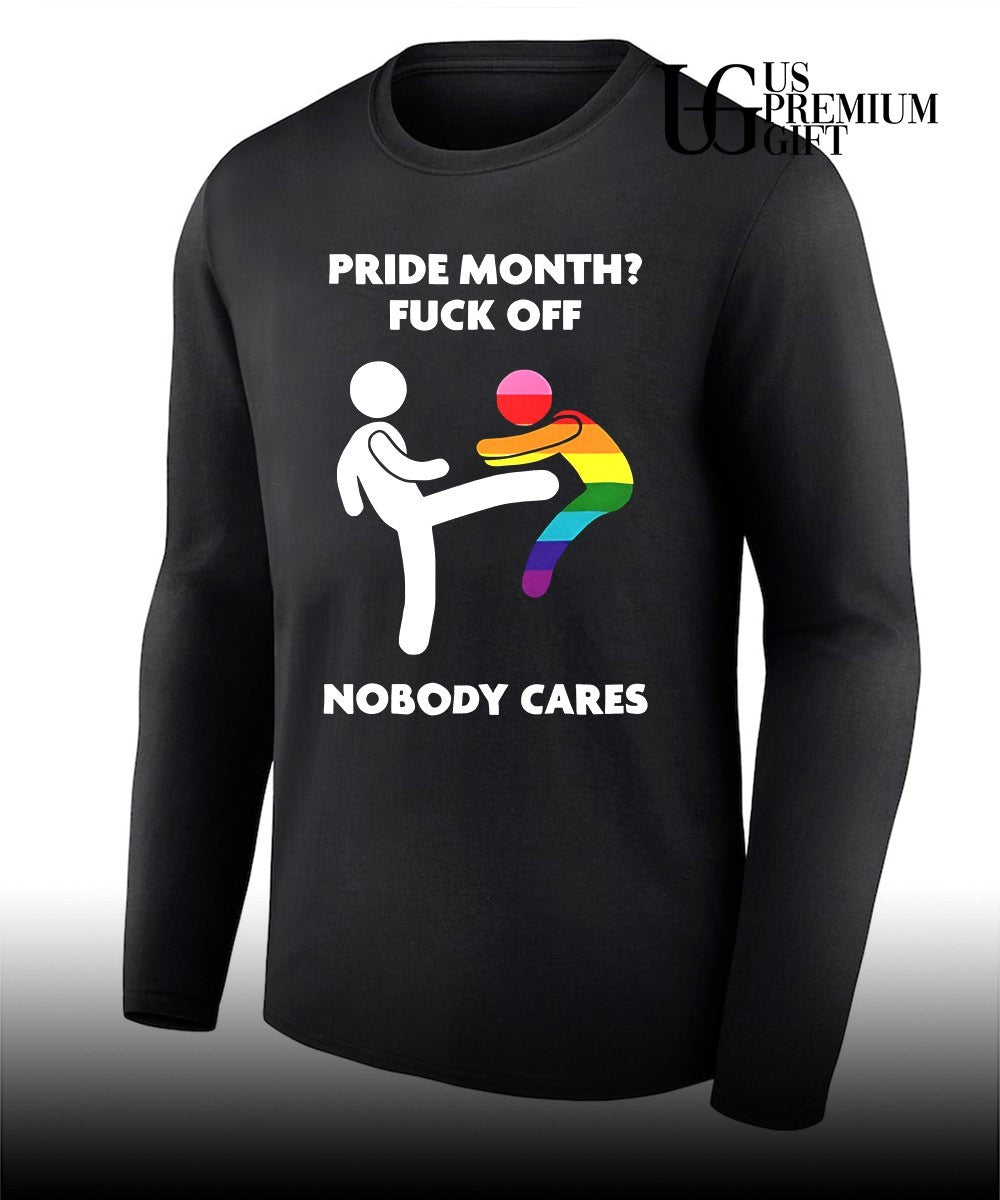 Stick figure kicking rainbow character pride month fuck off nobody cares shirt Unisex