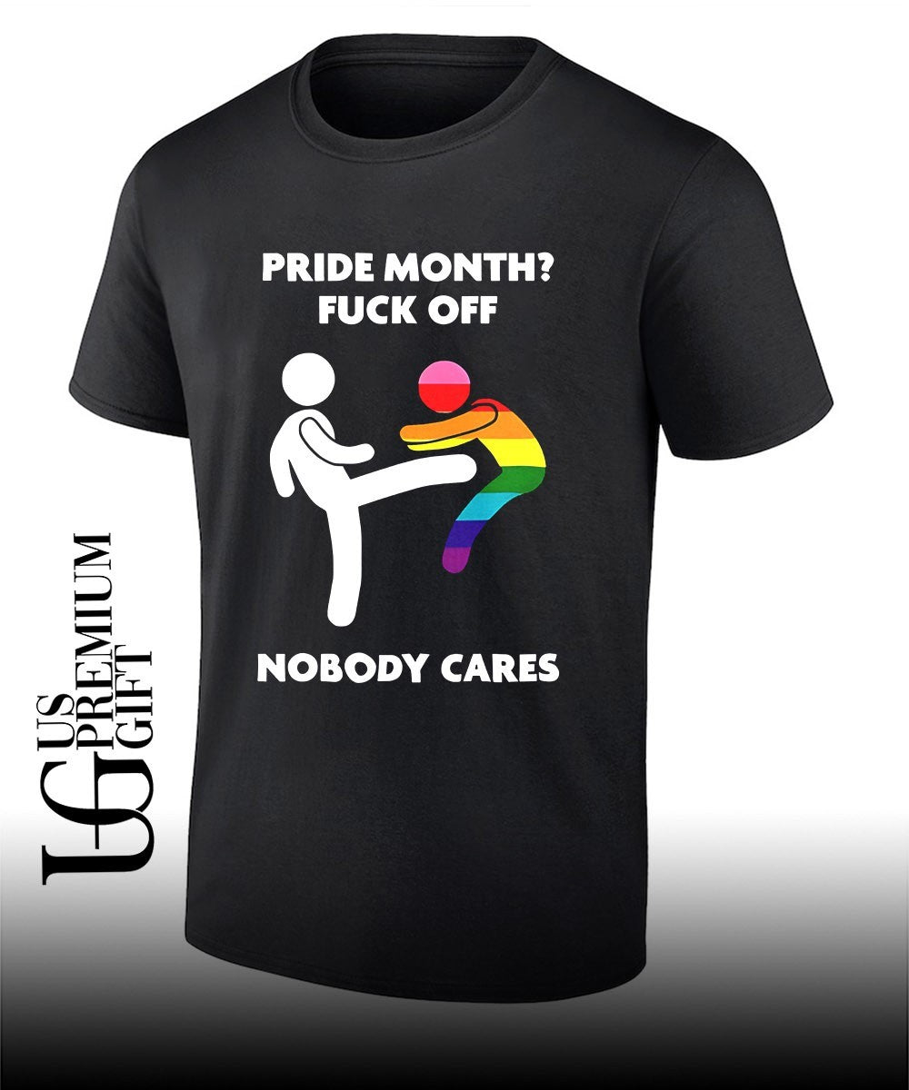Stick figure kicking rainbow character pride month fuck off nobody cares shirt Unisex