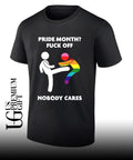 Stick figure kicking rainbow character pride month fuck off nobody cares shirt Unisex
